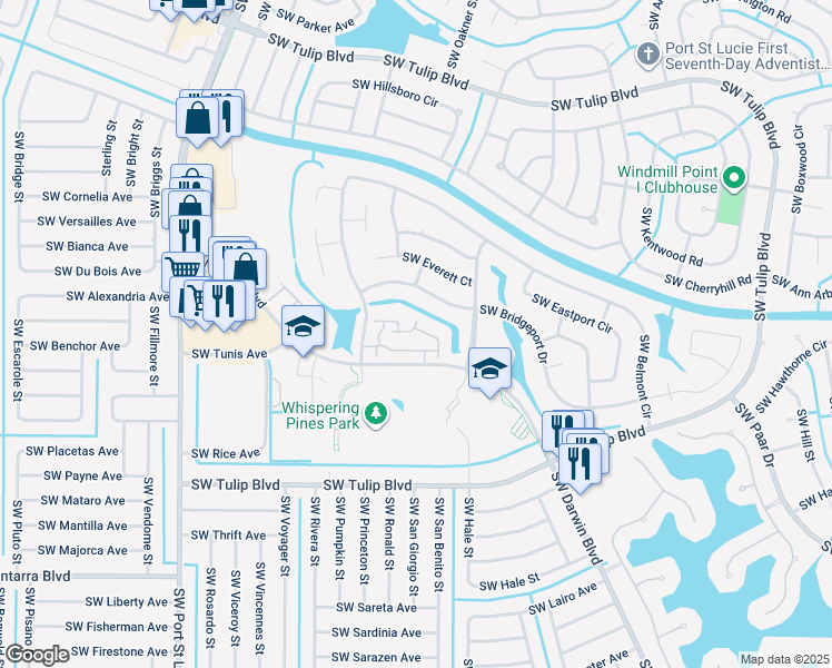 map of restaurants, bars, coffee shops, grocery stores, and more near 680 Southwest Veronica Avenue in Port St. Lucie