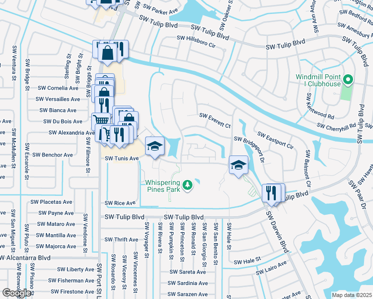 map of restaurants, bars, coffee shops, grocery stores, and more near 832 Southwest Monica Street in Port St. Lucie