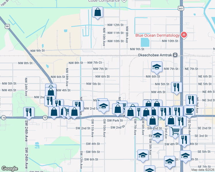 map of restaurants, bars, coffee shops, grocery stores, and more near 921 Northwest 5th Street in Okeechobee