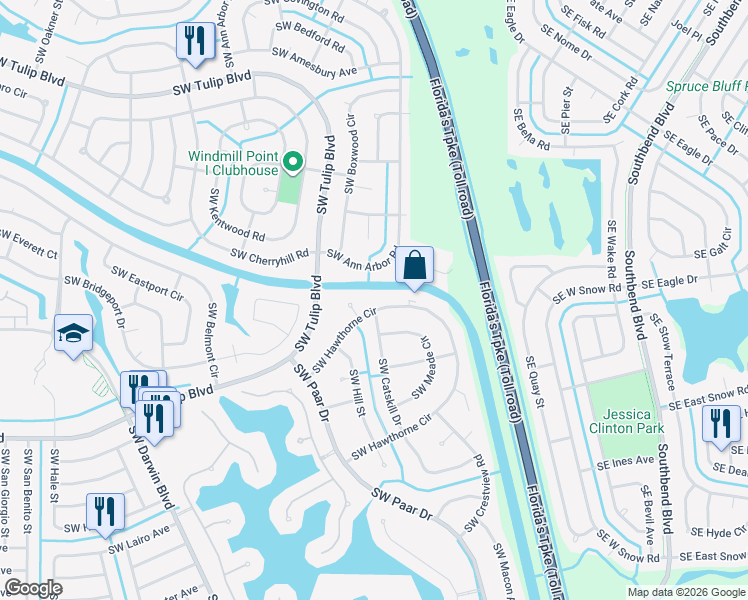 map of restaurants, bars, coffee shops, grocery stores, and more near 121 Southwest Hawthorne Circle in Port St. Lucie