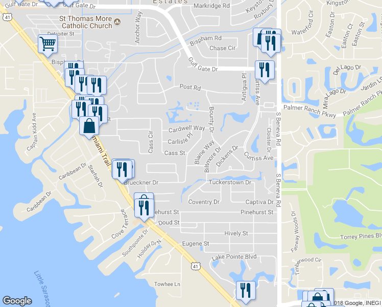 map of restaurants, bars, coffee shops, grocery stores, and more near 7461 Mariana Drive in Sarasota