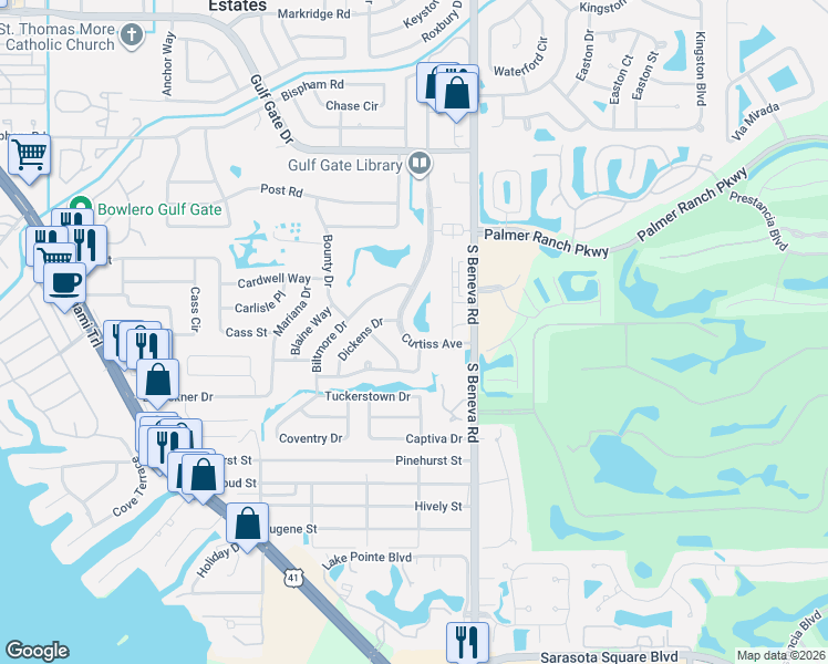 map of restaurants, bars, coffee shops, grocery stores, and more near 7529 Curtiss Avenue in Sarasota