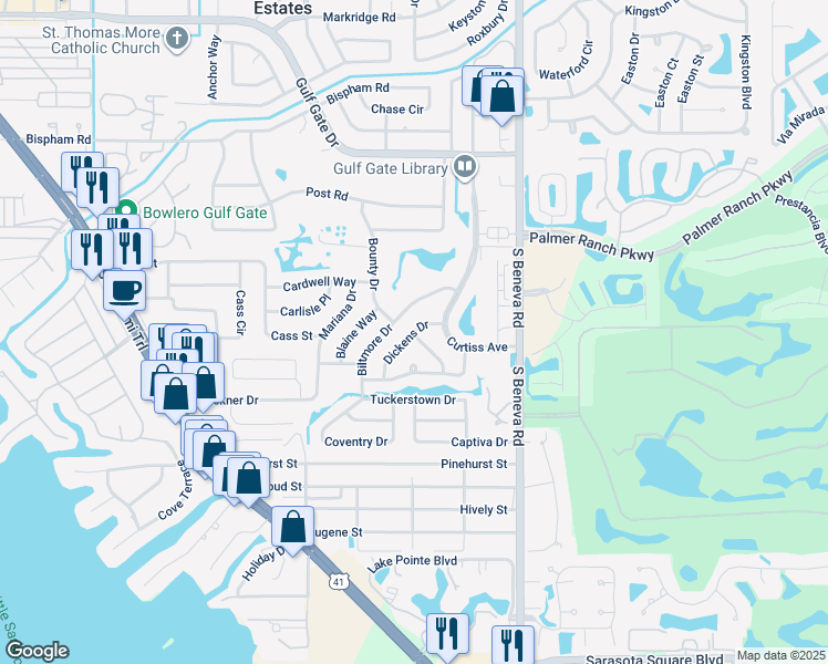 map of restaurants, bars, coffee shops, grocery stores, and more near 7518 Swanson Lane in Sarasota