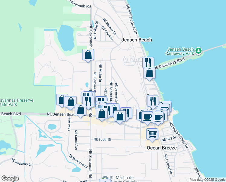 map of restaurants, bars, coffee shops, grocery stores, and more near 3514 Northeast Sandra Drive in Jensen Beach