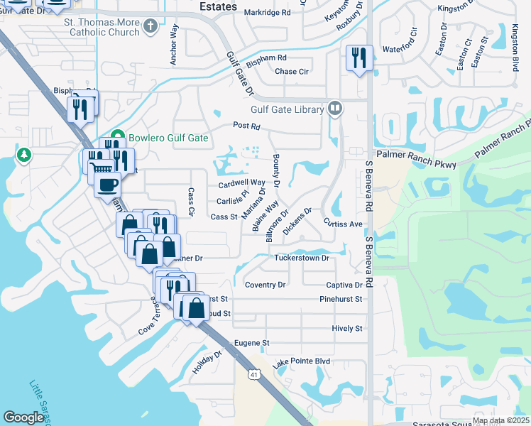 map of restaurants, bars, coffee shops, grocery stores, and more near 7448 Blaine Way in Sarasota