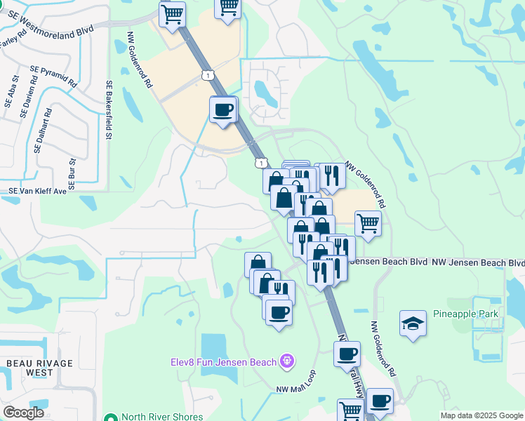 map of restaurants, bars, coffee shops, grocery stores, and more near 3580 Northwest Treasure Coast Drive in Jensen Beach