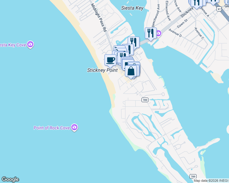 map of restaurants, bars, coffee shops, grocery stores, and more near 404 Siesta Drive in Sarasota