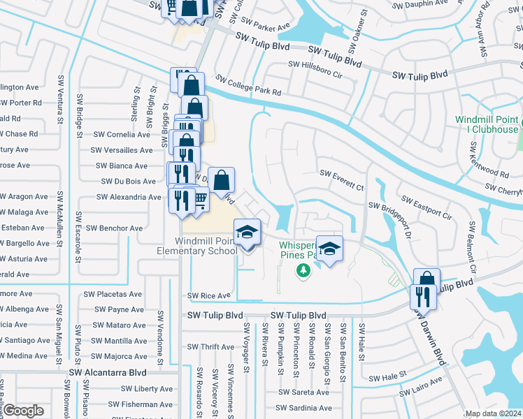 map of restaurants, bars, coffee shops, grocery stores, and more near 3192 Southwest Watson Court in Port St. Lucie