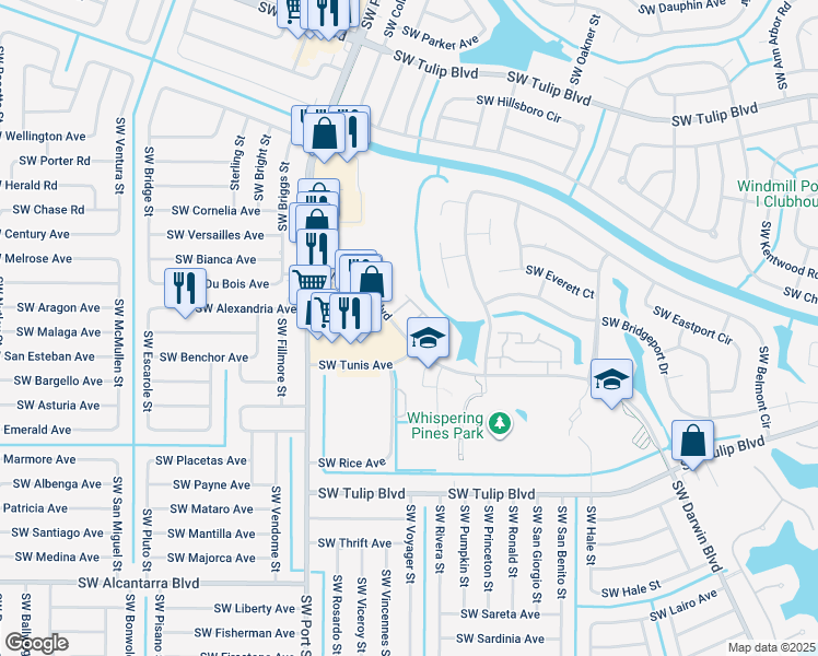 map of restaurants, bars, coffee shops, grocery stores, and more near 525 Southwest Tamworth Street in Port St. Lucie