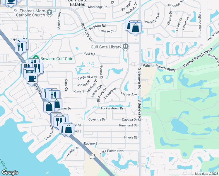 map of restaurants, bars, coffee shops, grocery stores, and more near 7331 Biltmore Drive in Sarasota