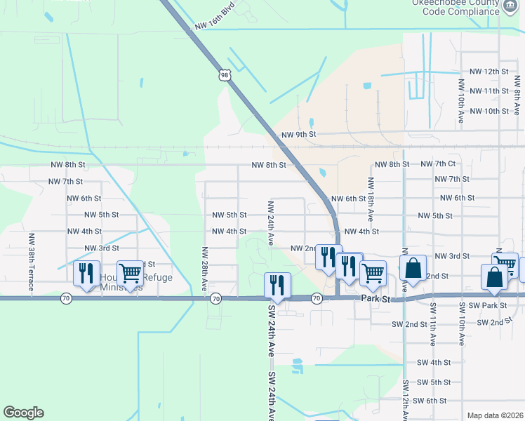 map of restaurants, bars, coffee shops, grocery stores, and more near 2349 Northwest 6th Street in Okeechobee