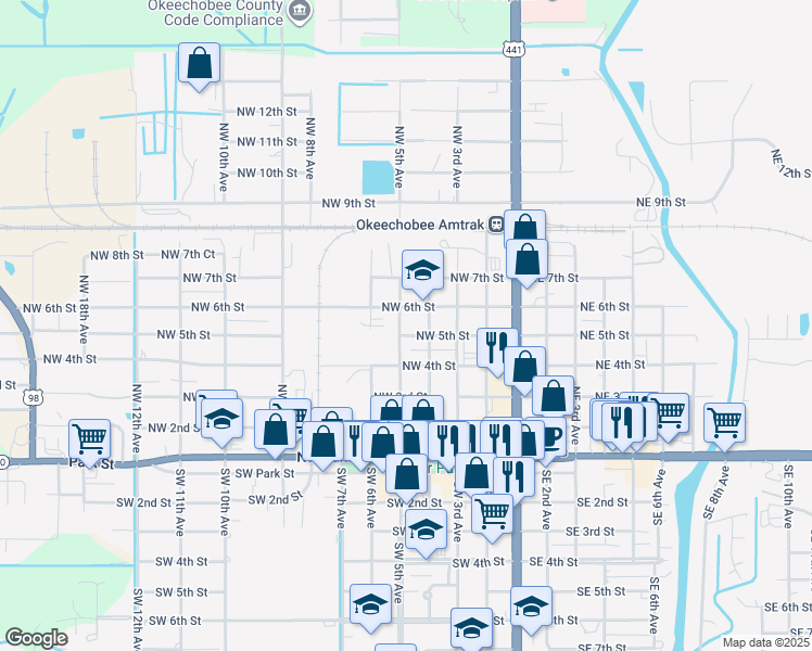 map of restaurants, bars, coffee shops, grocery stores, and more near 504 Northwest 5th Avenue in Okeechobee