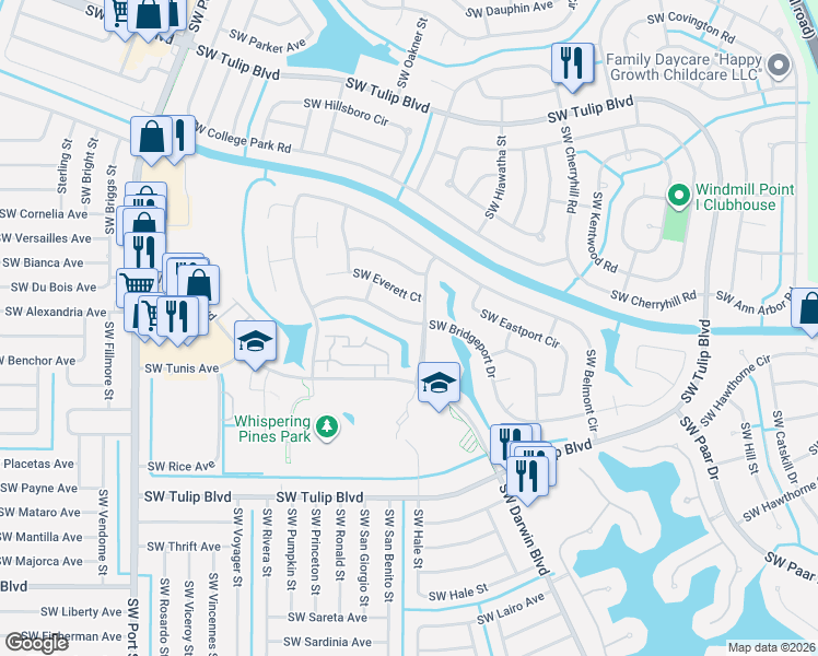 map of restaurants, bars, coffee shops, grocery stores, and more near 614 Southwest Bridgeport Drive in Port St. Lucie