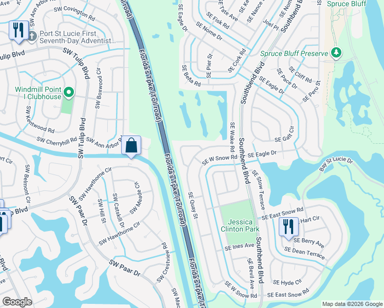 map of restaurants, bars, coffee shops, grocery stores, and more near 200 Southeast Sims Circle in Port St. Lucie