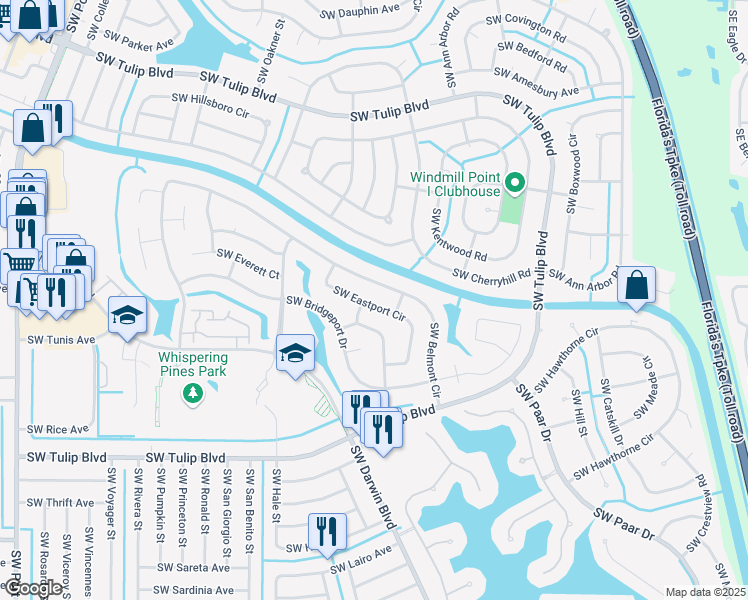 map of restaurants, bars, coffee shops, grocery stores, and more near 425 Southwest Eastport Circle in Port St. Lucie