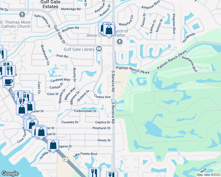 map of restaurants, bars, coffee shops, grocery stores, and more near 7301 Cloister Drive in Sarasota