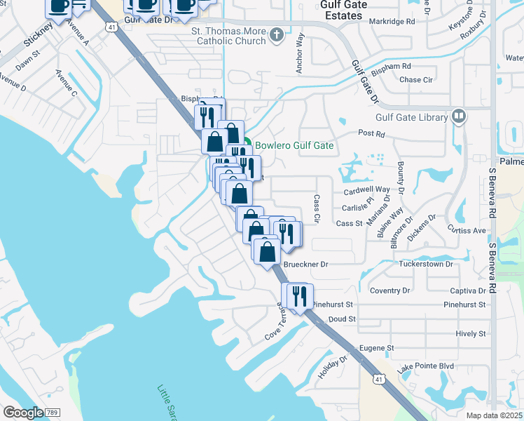 map of restaurants, bars, coffee shops, grocery stores, and more near 7333 South Tamiami Trail in Sarasota
