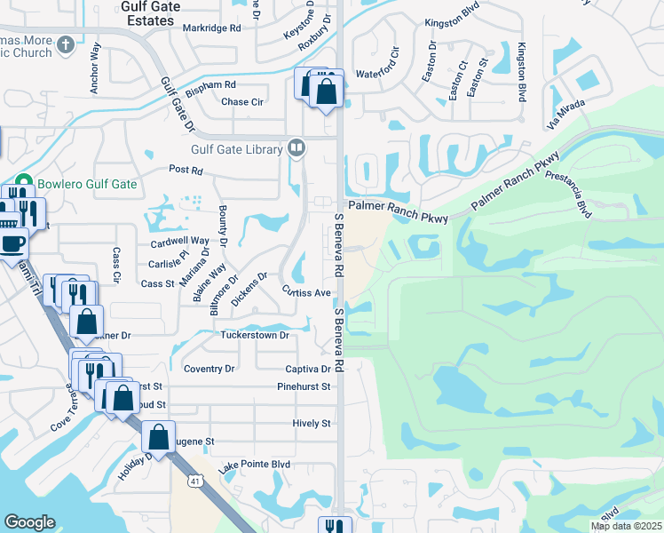 map of restaurants, bars, coffee shops, grocery stores, and more near 7301 Cloister Drive in Sarasota