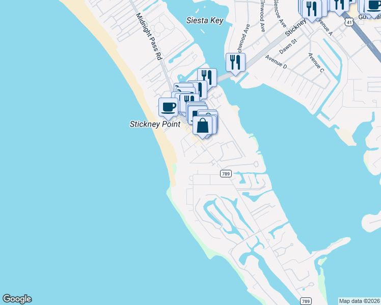 map of restaurants, bars, coffee shops, grocery stores, and more near 1020 Sun And Sea Drive in Sarasota