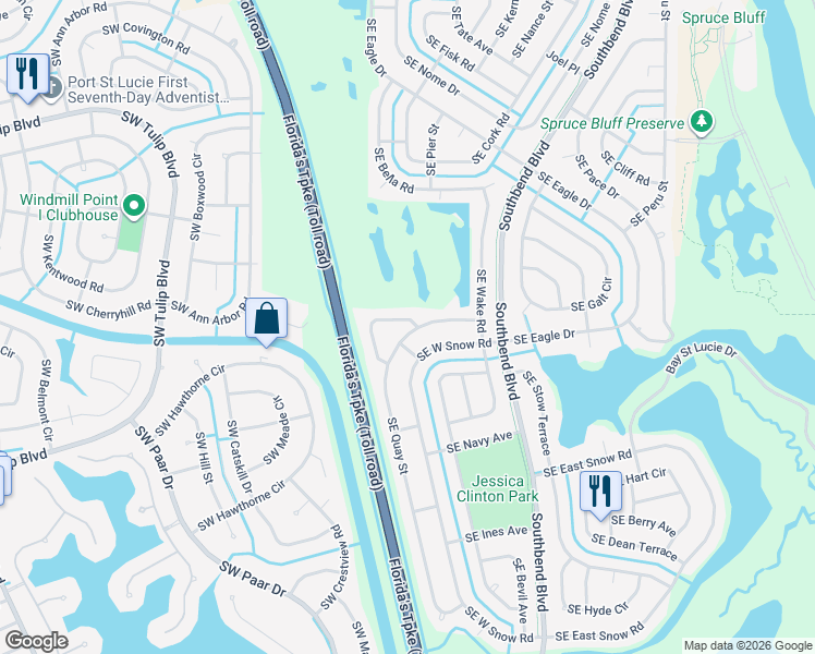 map of restaurants, bars, coffee shops, grocery stores, and more near 200 Southeast Sims Circle in Port St. Lucie