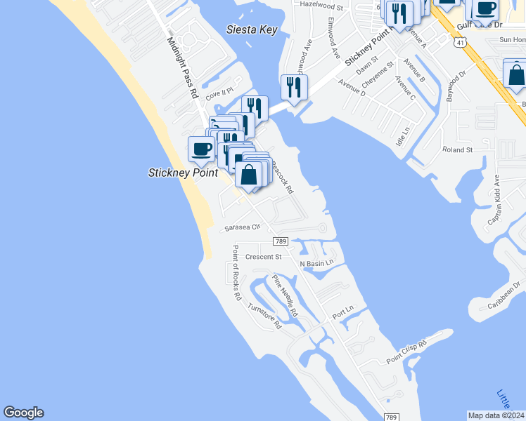map of restaurants, bars, coffee shops, grocery stores, and more near 6700 Midnight Pass Road in Sarasota