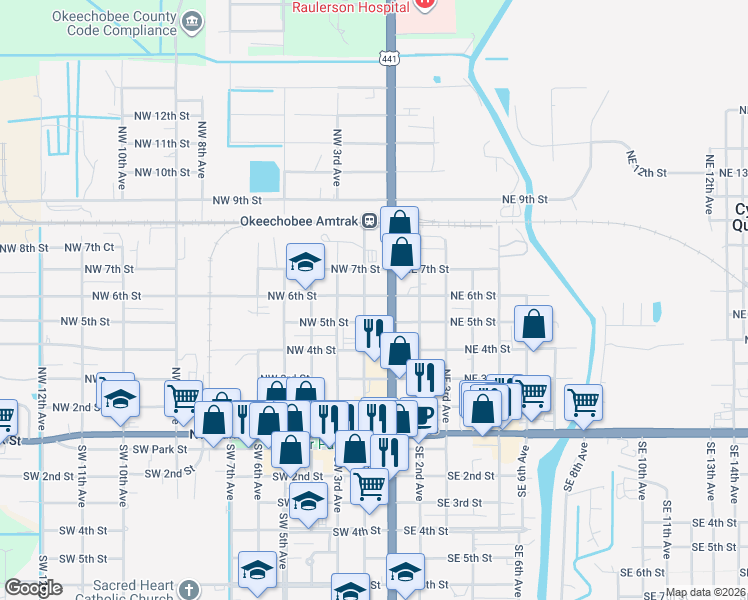 map of restaurants, bars, coffee shops, grocery stores, and more near 111 Northwest 6th Street in Okeechobee