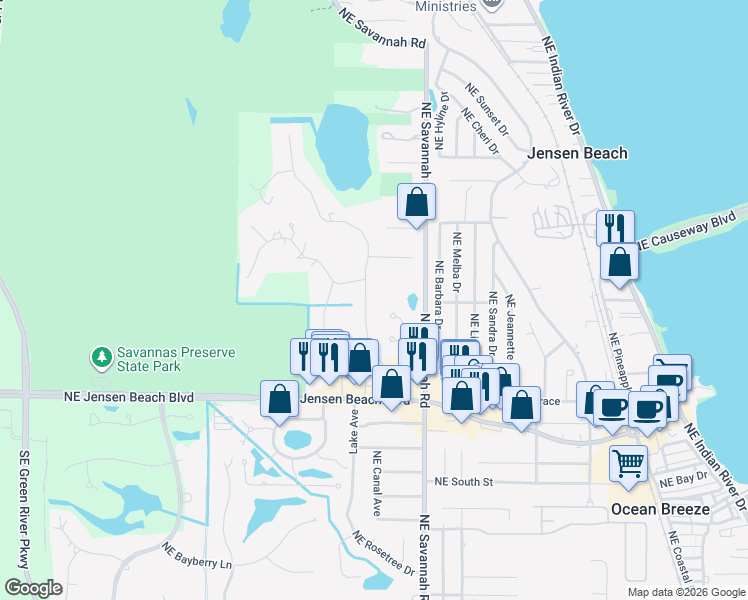 map of restaurants, bars, coffee shops, grocery stores, and more near 3621 Northeast Sugarhill Avenue in Jensen Beach