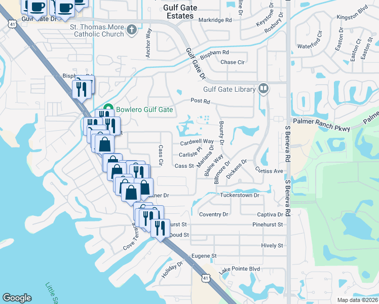map of restaurants, bars, coffee shops, grocery stores, and more near 2507 Carlisle Place in Sarasota