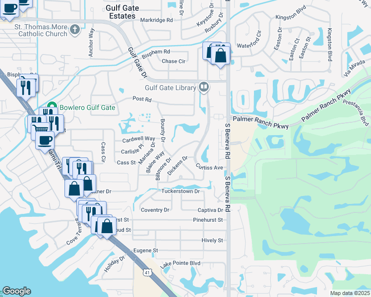 map of restaurants, bars, coffee shops, grocery stores, and more near 7331 Biltmore Drive in Sarasota