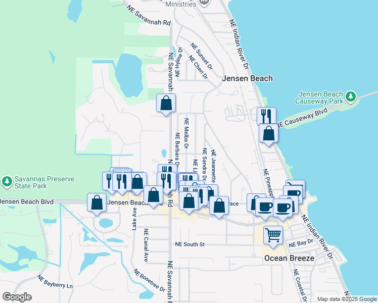 map of restaurants, bars, coffee shops, grocery stores, and more near 3628 Northeast Melba Drive in Jensen Beach