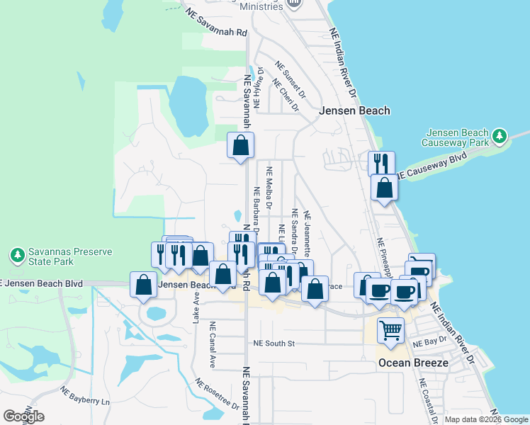 map of restaurants, bars, coffee shops, grocery stores, and more near 3628 Northeast Melba Drive in Jensen Beach