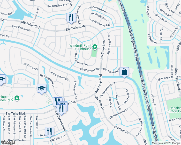 map of restaurants, bars, coffee shops, grocery stores, and more near 226 Southwest Cherryhill Road in Port St. Lucie
