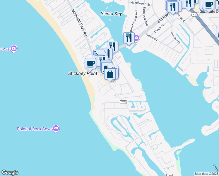 map of restaurants, bars, coffee shops, grocery stores, and more near 6700 Midnight Pass Road in Sarasota