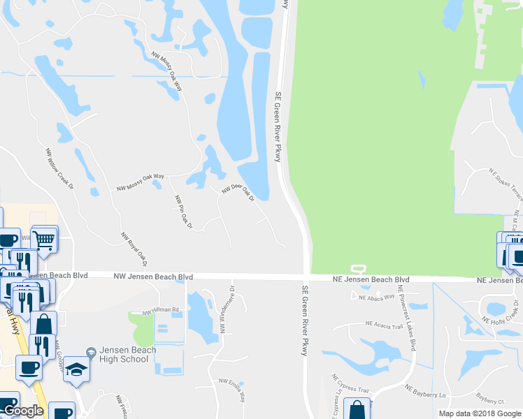map of restaurants, bars, coffee shops, grocery stores, and more near 3916 Northwest Deer Oak Drive in Jensen Beach