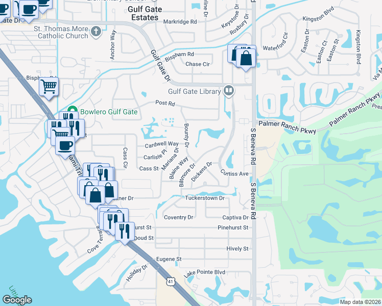 map of restaurants, bars, coffee shops, grocery stores, and more near 7425 Bounty Drive in Sarasota