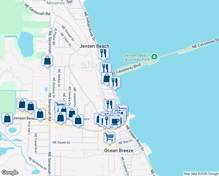 map of restaurants, bars, coffee shops, grocery stores, and more near 1821 Northeast Mango Terrace in Jensen Beach