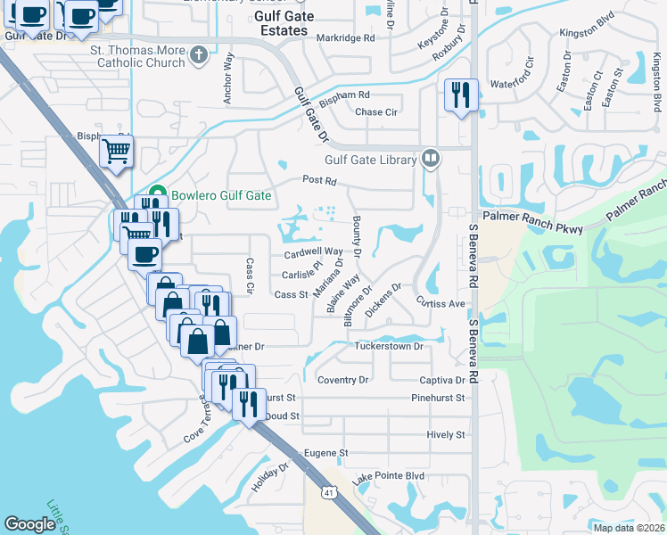 map of restaurants, bars, coffee shops, grocery stores, and more near 7416 Mariana Drive in Sarasota