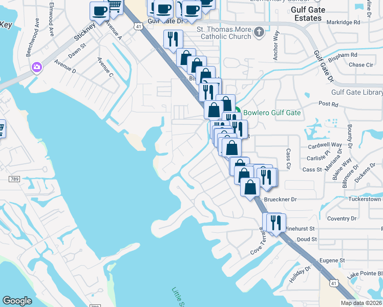 map of restaurants, bars, coffee shops, grocery stores, and more near 1847 Buccaneer Court in Sarasota