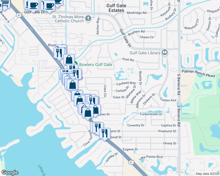 map of restaurants, bars, coffee shops, grocery stores, and more near 2324 Cass Street in Sarasota