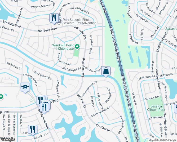 map of restaurants, bars, coffee shops, grocery stores, and more near 3175 Southwest Ann Arbor Road in Port St. Lucie