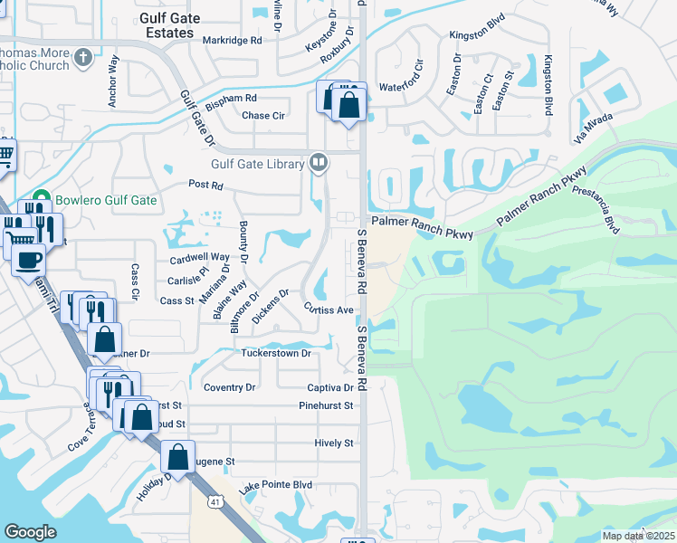 map of restaurants, bars, coffee shops, grocery stores, and more near 7301 Cloister Drive in Sarasota