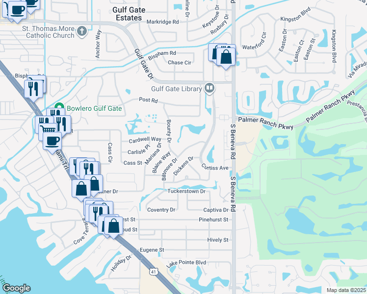 map of restaurants, bars, coffee shops, grocery stores, and more near 7331 Biltmore Drive in Sarasota