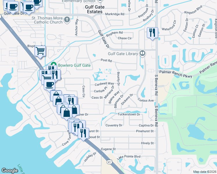 map of restaurants, bars, coffee shops, grocery stores, and more near 7416 Mariana Drive in Sarasota