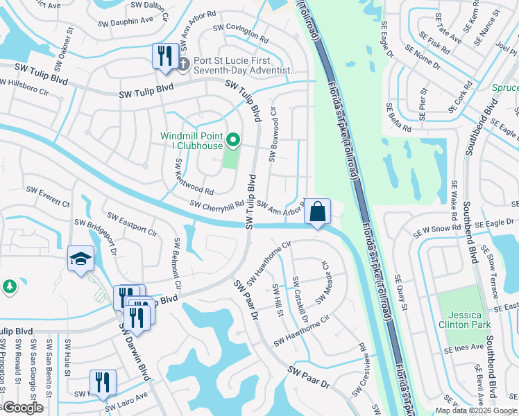 map of restaurants, bars, coffee shops, grocery stores, and more near 3175 Southwest Ann Arbor Road in Port St. Lucie