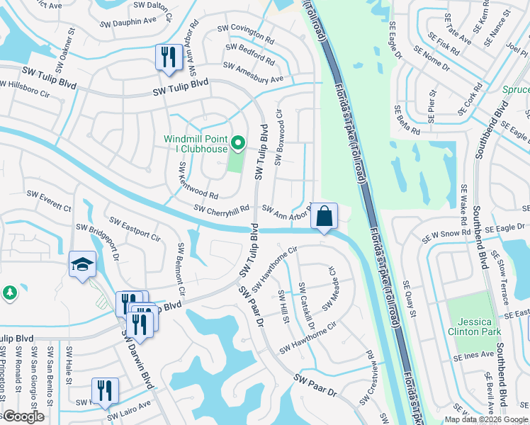 map of restaurants, bars, coffee shops, grocery stores, and more near 3175 Southwest Ann Arbor Road in Port St. Lucie