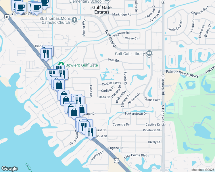map of restaurants, bars, coffee shops, grocery stores, and more near 2507 Carlisle Place in Sarasota