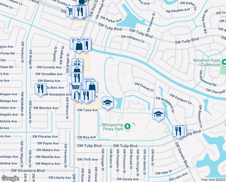 map of restaurants, bars, coffee shops, grocery stores, and more near 3192 Southwest Watson Court in Port St. Lucie
