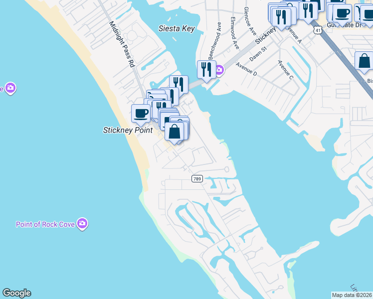 map of restaurants, bars, coffee shops, grocery stores, and more near 6700 Midnight Pass Road in Sarasota