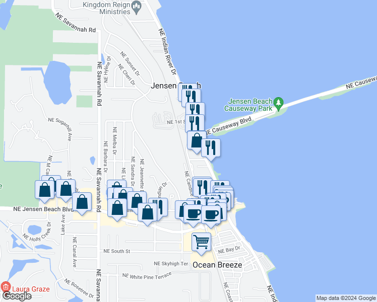 map of restaurants, bars, coffee shops, grocery stores, and more near 3651 Northeast Pineapple Avenue in Jensen Beach