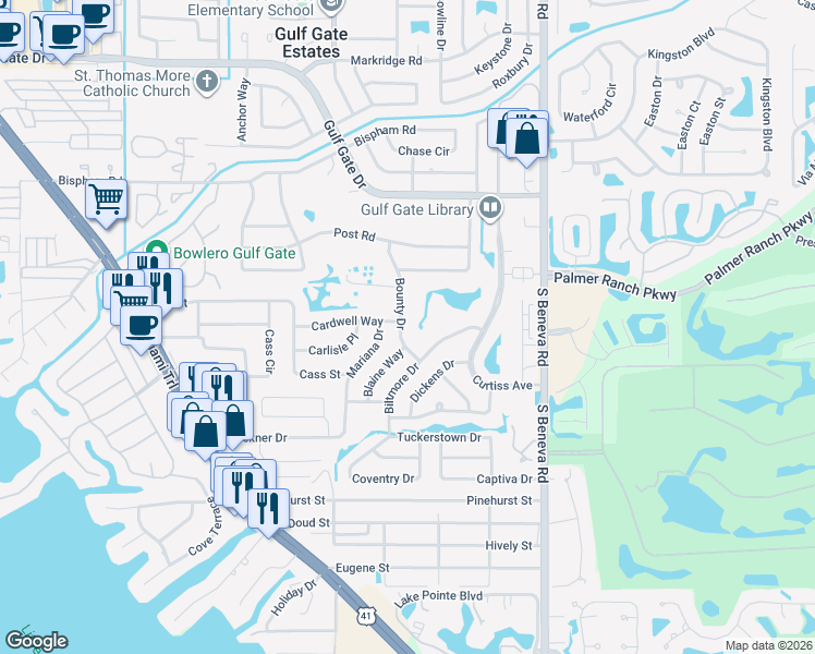 map of restaurants, bars, coffee shops, grocery stores, and more near 7425 Bounty Drive in Sarasota